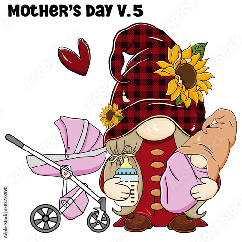 Gnome Mother's Day and Baby  , Gnome Mom holding a child , Mother's Day V.5 , Cute Gnome Mother's day disign for T-Shirt