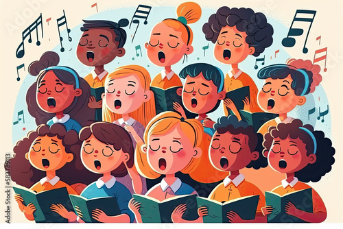 Canvas Print illustration of children singing song together