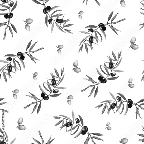 Seamless pattern, endless hand drawn monochrome pattern. Olive branches, black berries, juicy fruits of the tree. Design for fabrics, kitchen towels, tablecloths, packaging, wrapping paper, stationery © Elena Zakharova