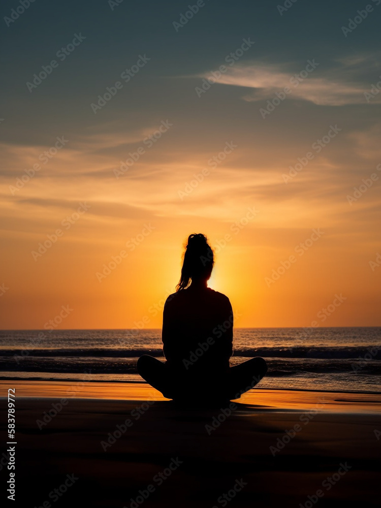 Silhouette fitness girl doing yoga at sunset. Generative AI