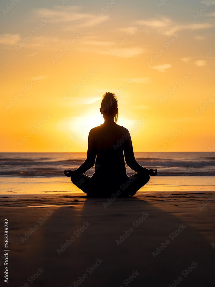 Young women practicing yoga near the ocean at sunrise. Generative AI