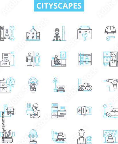 Cityscapes vector line icons set. Urban, skyline, metropolis, metropolises, vista, architecture, buildings illustration outline concept symbols and signs