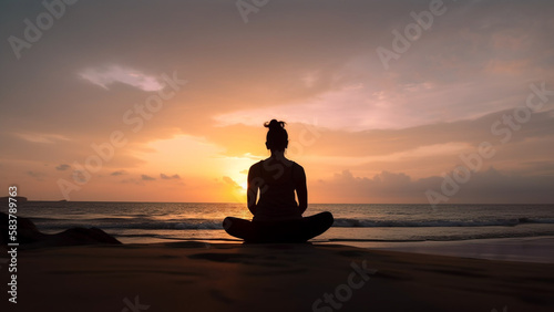 Woman practice yoga on beach with sunset or sunrise background © Fonzy
