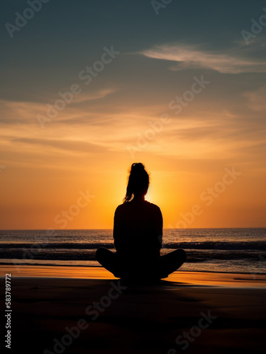 Silhouette fitness girl doing yoga at sunset. Generative AI