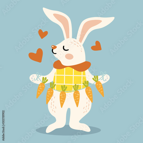 cute spring rabbit in a standing position holding a garland of carrots