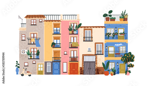 Southern house exterior with balconies. Apartment building, old home, plants. Cozy cute facade, exterior, Spanish town architecture. Colored flat vector illustration isolated on white background