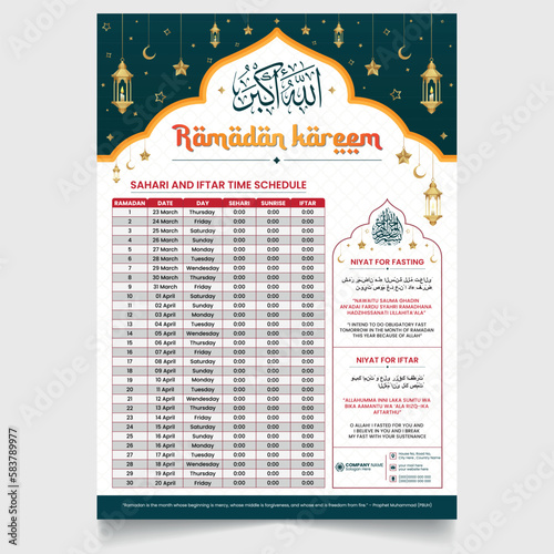 Ramadan calendar template with Sheri and iftar time schedule table, Luxury Islamic elements and patterns for social media banner and flyer. photo