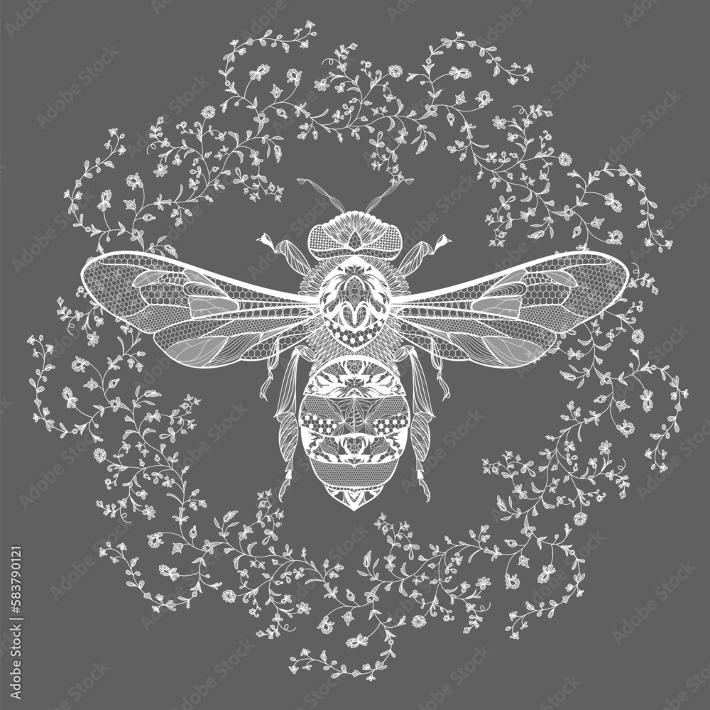bee in a floral lace frame. vector illustration