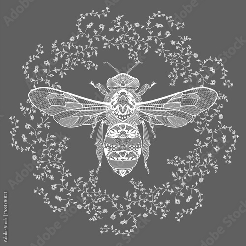 bee in a floral lace frame. vector illustration