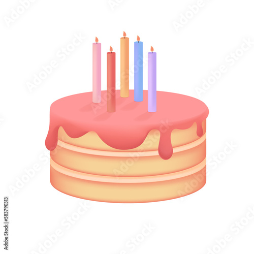 Birthday cake with colorful candles 3D illustration. Cartoon drawing of tasty treat for birthday in 3D style on white background. Food, desserts, confectionery, celebration concept