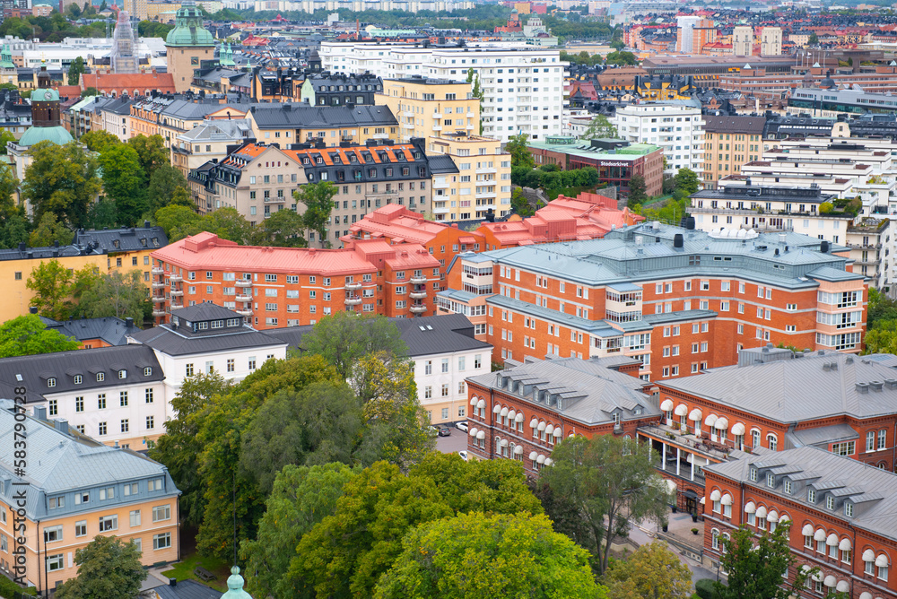 Beautiful aerial view on the buildings roofs of Stockholm city center. Travel destinations.