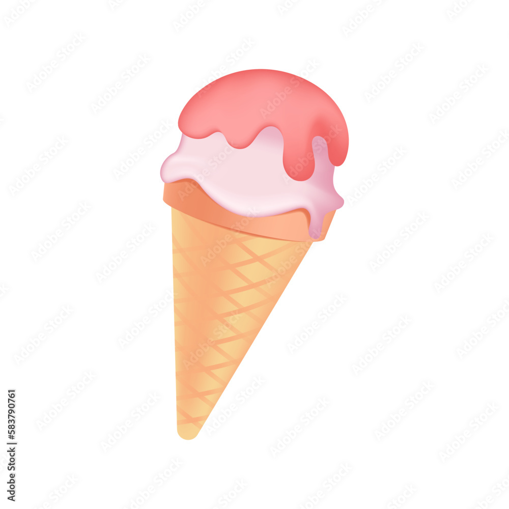 Waffle cone with pink balls of ice cream 3D illustration. Cartoon drawing of tasty snack or frozen treat in 3D style on white background. Desserts, food, summer concept