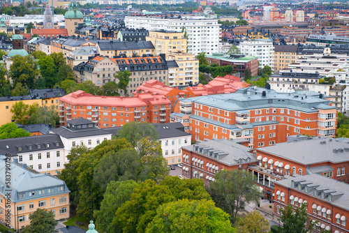 Beautiful aerial view on the buildings roofs of Stockholm city center. Travel destinations.