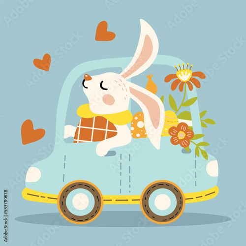 cute spring easter bunny in the car