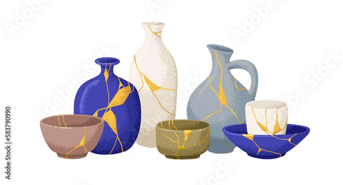 Japan Kintsugi ceramics art. Reborn repaired Asian pottery with gold line marble patterns. Vintage Japanese vases, bowls, jugs. Colored flat graphic vector illustrations isolated on white background