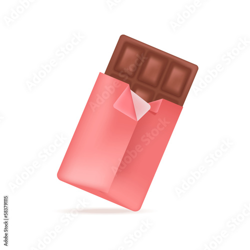 Milk or dark chocolate bar in red packaging 3D illustration. Cartoon drawing of sweet or tasty snack from cacao in 3D style on white background. Food, desserts, confectionery concept