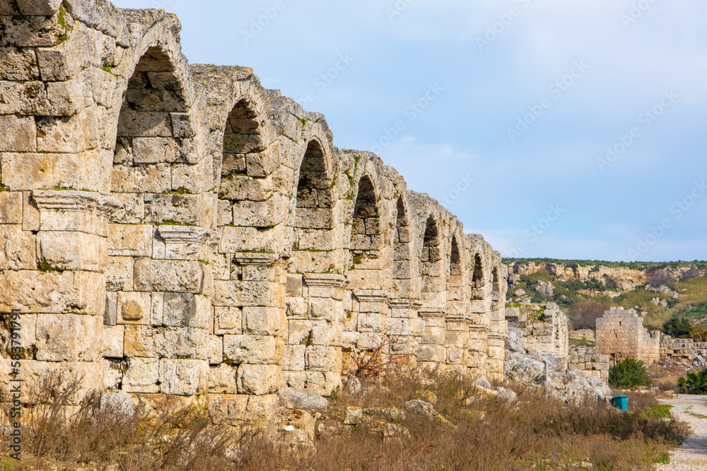 The ruins of the ancient city of Perge. Perge is an ancient Greek city on the southern Mediterranean coast of Turkey