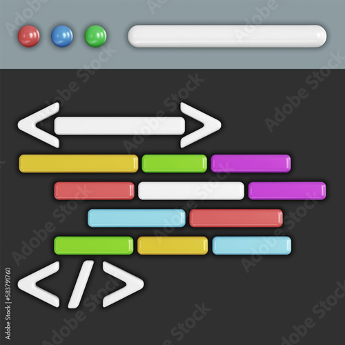 Program code development. Web coding or website programming concept. Web browser window or IDE application with a dark theme and source code displayed in it. Realistic 3D vector illustration