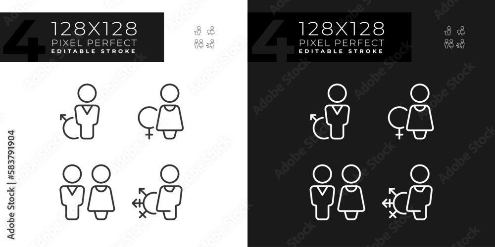 Toilets for different gender groups pixel perfect linear icons set for ...