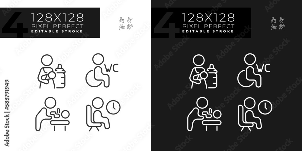 Naklejka premium Rooms for baby care and rest pixel perfect linear icons set for dark, light mode. WC for disabled visitors. Thin line symbols for night, day theme. Isolated illustrations. Editable stroke