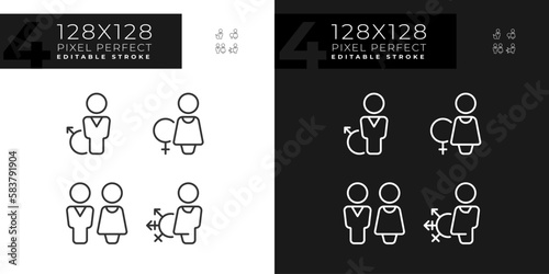 Toilets for different gender groups pixel perfect linear icons set for dark, light mode. WC in public place. Thin line symbols for night, day theme. Isolated illustrations. Editable stroke