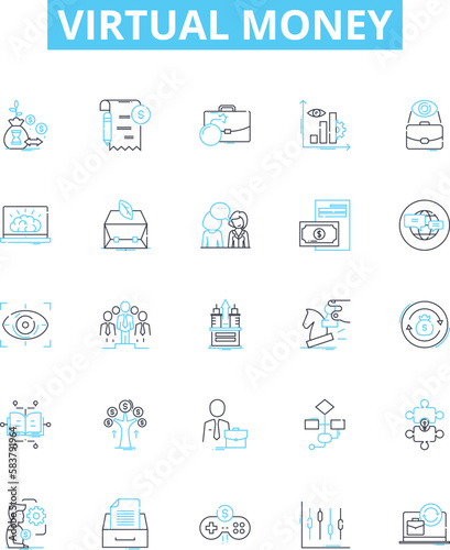 Virtual money vector line icons set. Cryptocurrency  E-money  Token  Crypto  Fiatcoin  Digitalcash  Paycoin illustration outline concept symbols and signs