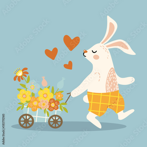 cute easter bunny pulling a cart of flowers