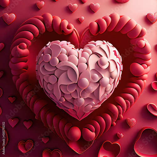 Rose heart decoration Generative AI Valentines day card red background with red heart made out of red pebbles and red and pink roses in front beautiful composition, small hearts around.