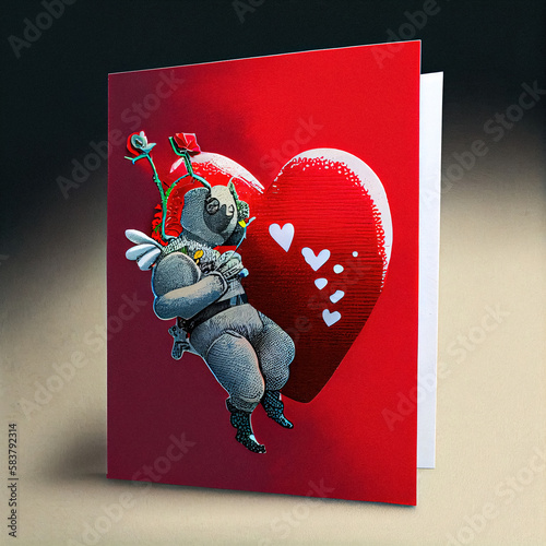 Red romantic Valentines day card on table illustration digital Generative AI cosmonaut sitting on a heart background cosmic futuristic retro style drawing