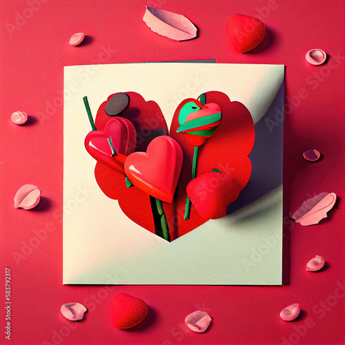 Hot bright pink paper background heart generative AI DIY Valentines day letter for romantic event, love valentines day, small leaves and plant surrounding