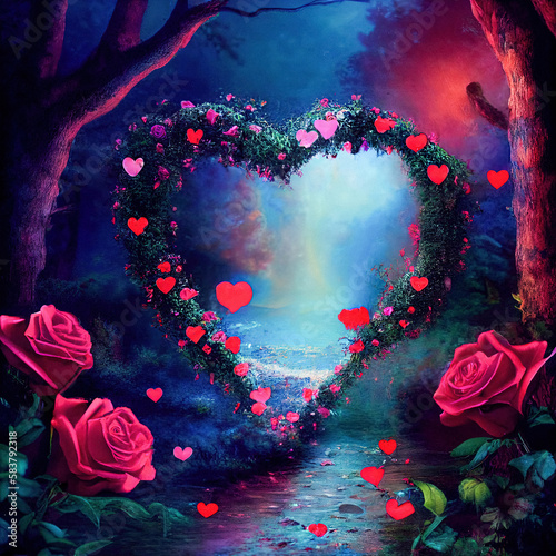 Rose heart decoration Generative AI Valentines day blue background with heart outline red and pink roses in front beautiful composition, dark forest love scene, love path in wilderness