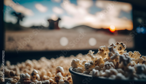 Popcorn. Cinema concept. Popcorn in a bucket on the background of movie screens. Selective focus. Generative AI technology. 