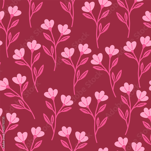 Seamless pattern with pink flowers on a red background vector