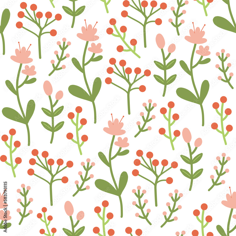 Seamless pattern with red flowers berries and green leaves vector Seamless pattern with red flowers berries and green leaves vector