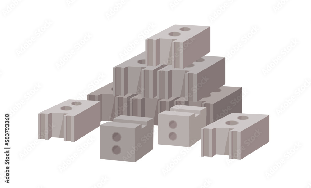 Concrete brick pile. Masonry units, gray blocks heap. Construction, building material, new blocks, solid rectangle pieces. Flat vector illustration isolated on white background