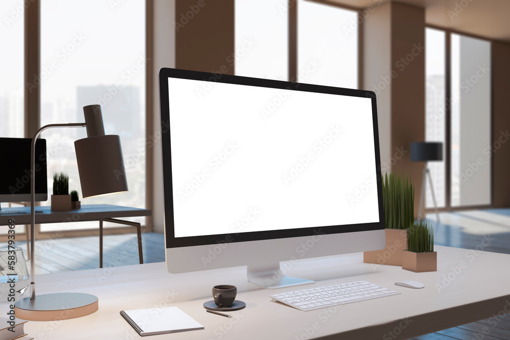 Close up of designer office desktop with empty white computer monitor, window with city view, decorative items and supplies. Mock up, 3D Rendering. Close up of designer office desktop with empty white computer monitor, window with city view, decorative items and supplies. Mock up, 3D Rendering.