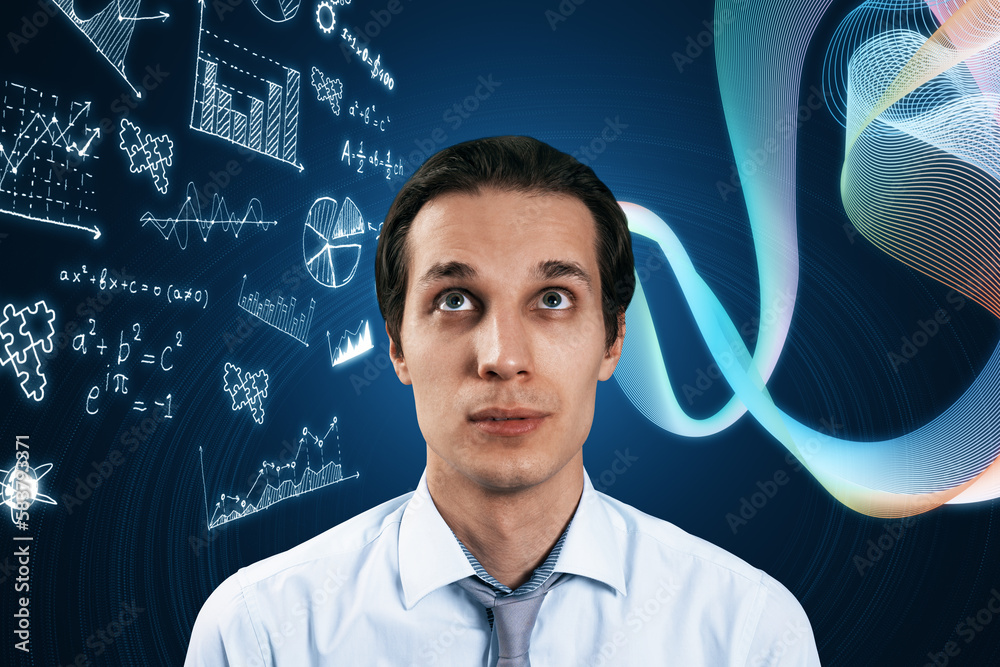 Portrait of attractive pensive young european businessman with glowing mathematical formulas hologram on blurry blue background. Equation, digital data and mathematics app concept. Portrait of attractive pensive young european businessman with glowing mathematical formulas hologram on blurry blue background. Equation, digital data and mathematics app concept.