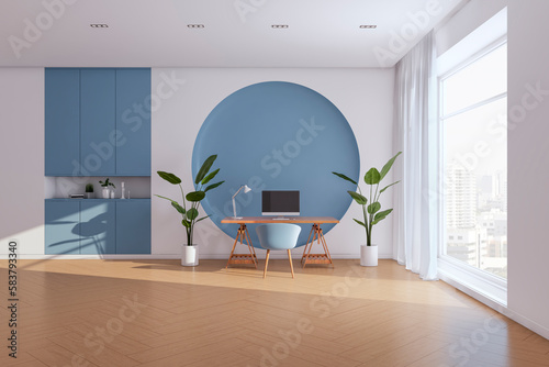 Contemporary blue office interior with window, city view and curtains, furniture and equipment, decorative round pattern on wall. 3D Rendering. photo