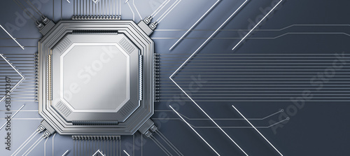 Abstract empty silver chip on metal wallpaper with lines. Mock up place. Technology and motherboard, computer and hardware concept. 3D Rendering. photo
