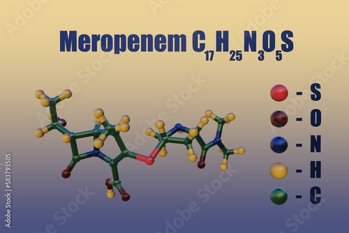 Structural chemical formula and molecular model of meropenem, a carbapenem-type antibiotic. 3d illustration photo