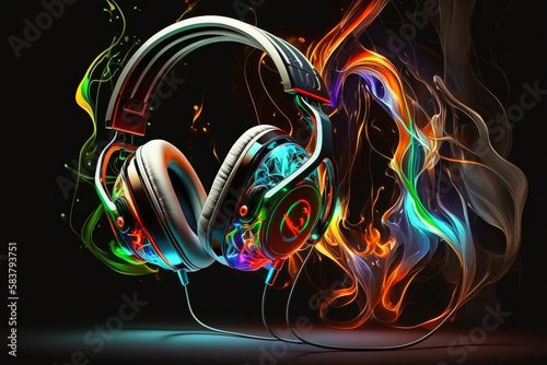 headphones in neon jets of energy illustration Generative AI