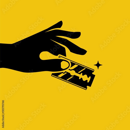Blade razor hold in hand. Equipment barbershop. Suicide tool. Vector illustration flat design. Isolated on white background.