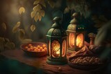 Glowing Ramadan lanterns in a beautiful garden