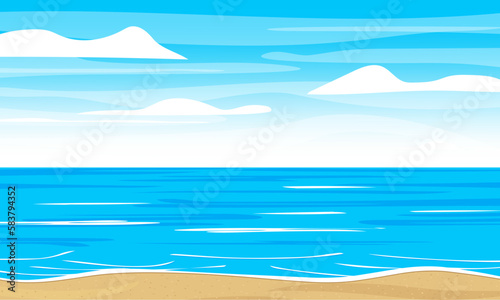 A beach scene with a blue sky and clouds. Ocean or sea landscape. Vector illustration.