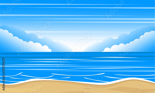 Blue sea and the sky with clouds. Ocean landscape. Vector illustration.