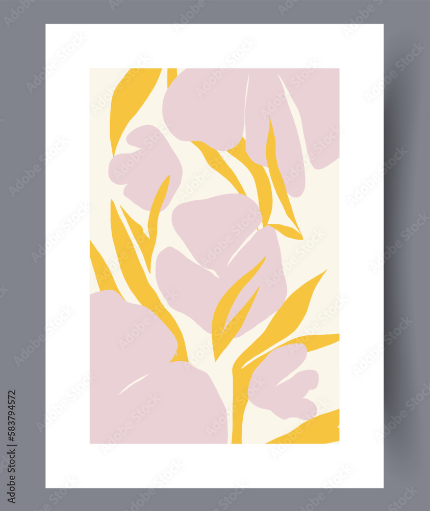 Fototapeta premium Still life petals pastel plants wall art print. Wall artwork for interior design. Printable minimal abstract petals poster. Contemporary decorative background with plants.