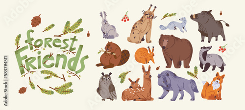 Cute forest animals set. Wild funny beast characters from woodland. Brown bear, fox, squirrel, owl bird, boar, wolf, lynx and hare. Childish wood habitats. Isolated flat vector illustrations
