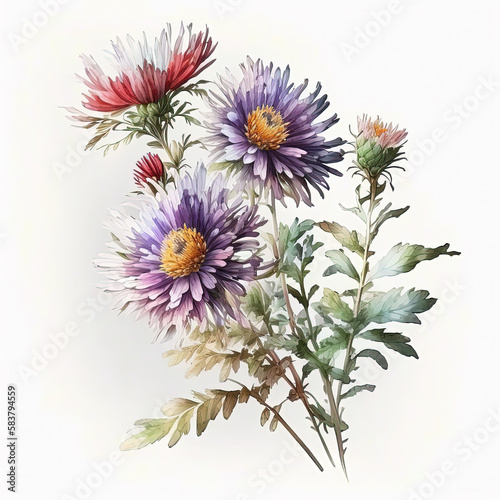 Watercolor aster illustration on white background. Flower art. Ai generated
