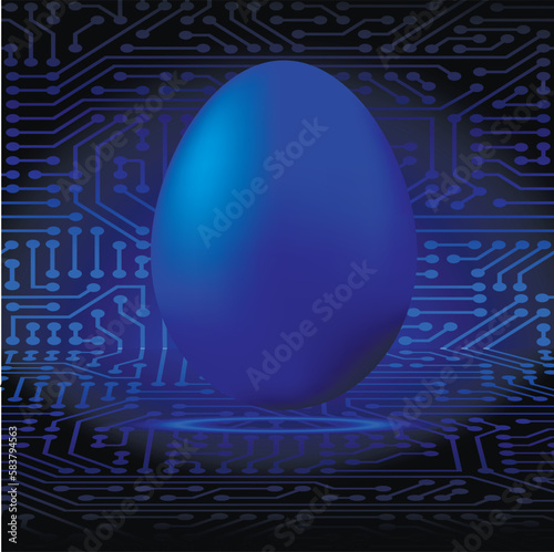 Happy easter. Blue luminous egg on the background of a circuit board. Vector illustration.