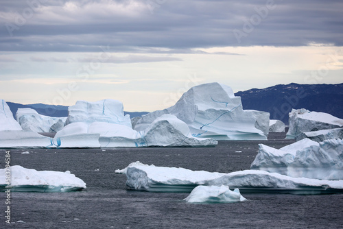 Icebergs from Sermeq Kujalleq Glacier, also known as Ilulissat Glacier, in Ilulissat Icefjord- Disko Bay, Greenland